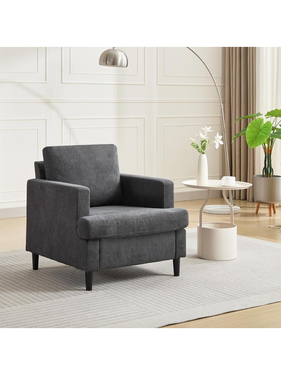 Oversized Cloud Chair, Linen Living Room Chair, Mid Century Modern Armchair with Thick Cushion & Leg, Deep Seat & No Assembly Required, Upholstered Sofa for Living Room, Bedroom, Beige/Dark Grey