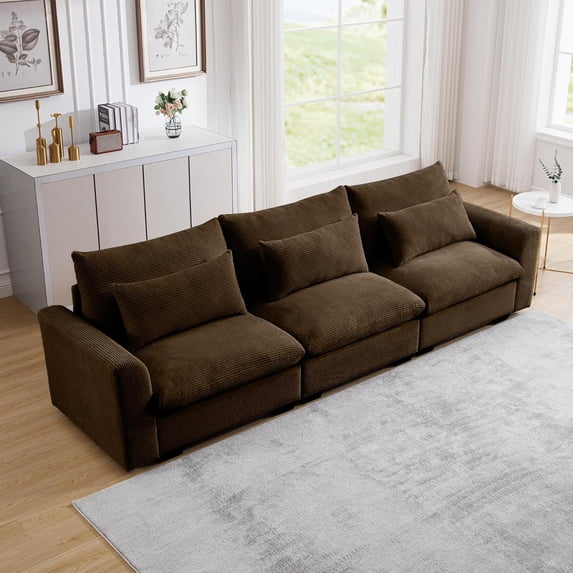 Oversized Cloud Couch for Living Room, 122" Comfy Corduroy Sofa with Lumbar Pillow, Modern Oversized 3 Seater Sofa Modular Couch with Wide Armrest for Living Room, Apartment, Office, Brown