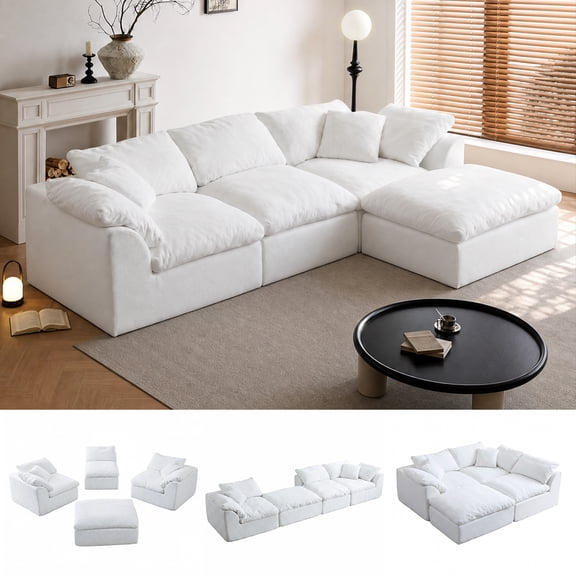 Oversized Cloud Couch Sectional Sofa for Living Room, Modular L Shaped Boneless Chenille Sofa with Chaise Lounge, Deep Seat Convertible Couch, Compressed No Assembly Floor Sofa(White)
