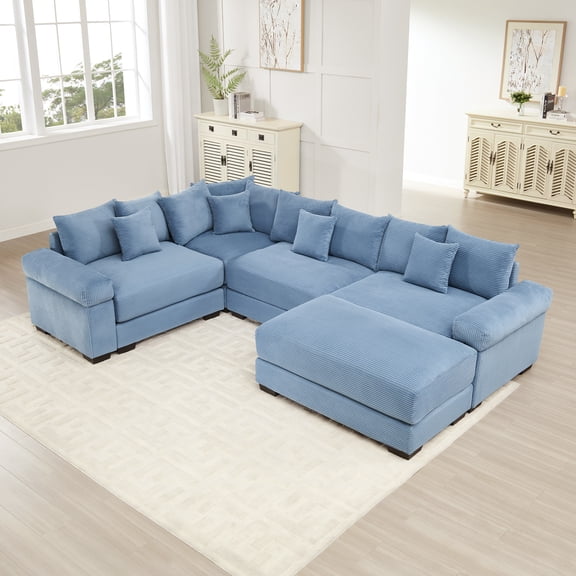 Oversized Cloud Modular Sectional Couch with Chaise, Extra-Thick Armrests, Blue | Premium textured fabric, ergonomic deep seating, flexible layout, easy assembly, ideal for living rooms or bedrooms