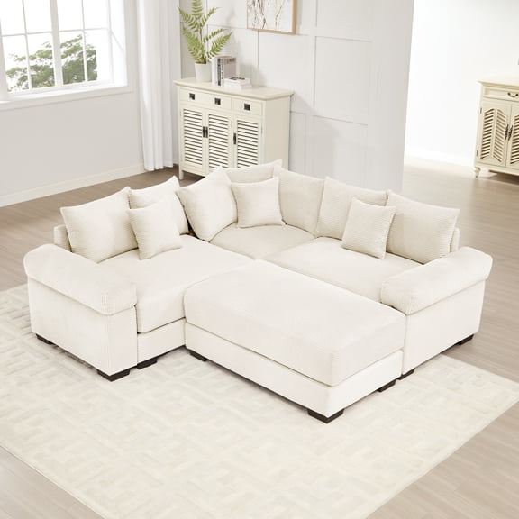 Oversized Cloud Modular Sectional Couch with Chaise, Soft Fabric, Cream | Deep seating with extra-thick armrests, ergonomic support, flexible modular layout for living rooms and reading areas