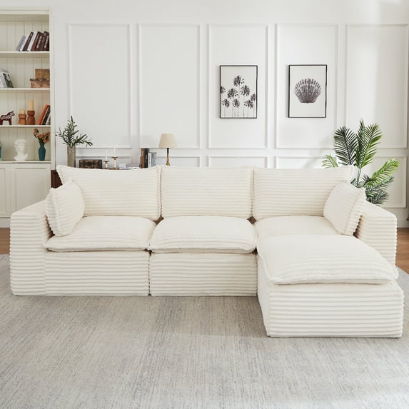 Oversized Cloud Sectional Sofa Couch with Movable Ottoman, 3-Seater Modern Modular L-Shape Comfy Boneless Corduroy Upholstered Sofa Couches with Deep Seat for Living Room, Apartment, White