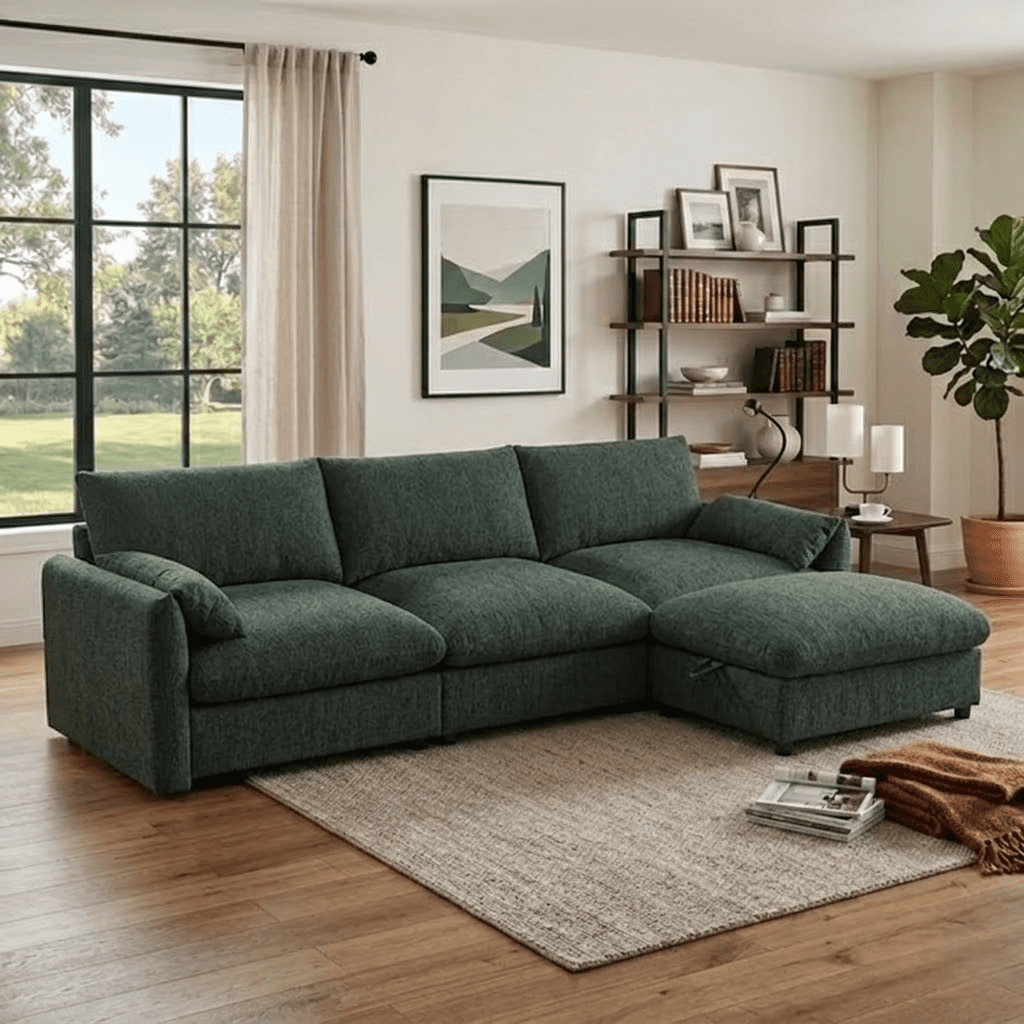 EPOWP 96.5'' Modular Sectional Sofa Set with Storage Ottoman, Chenille L-Shaped Cloud Sectional Couches with Adjustable Phone Holder & USB Charger for Living Room, Apartment, Office