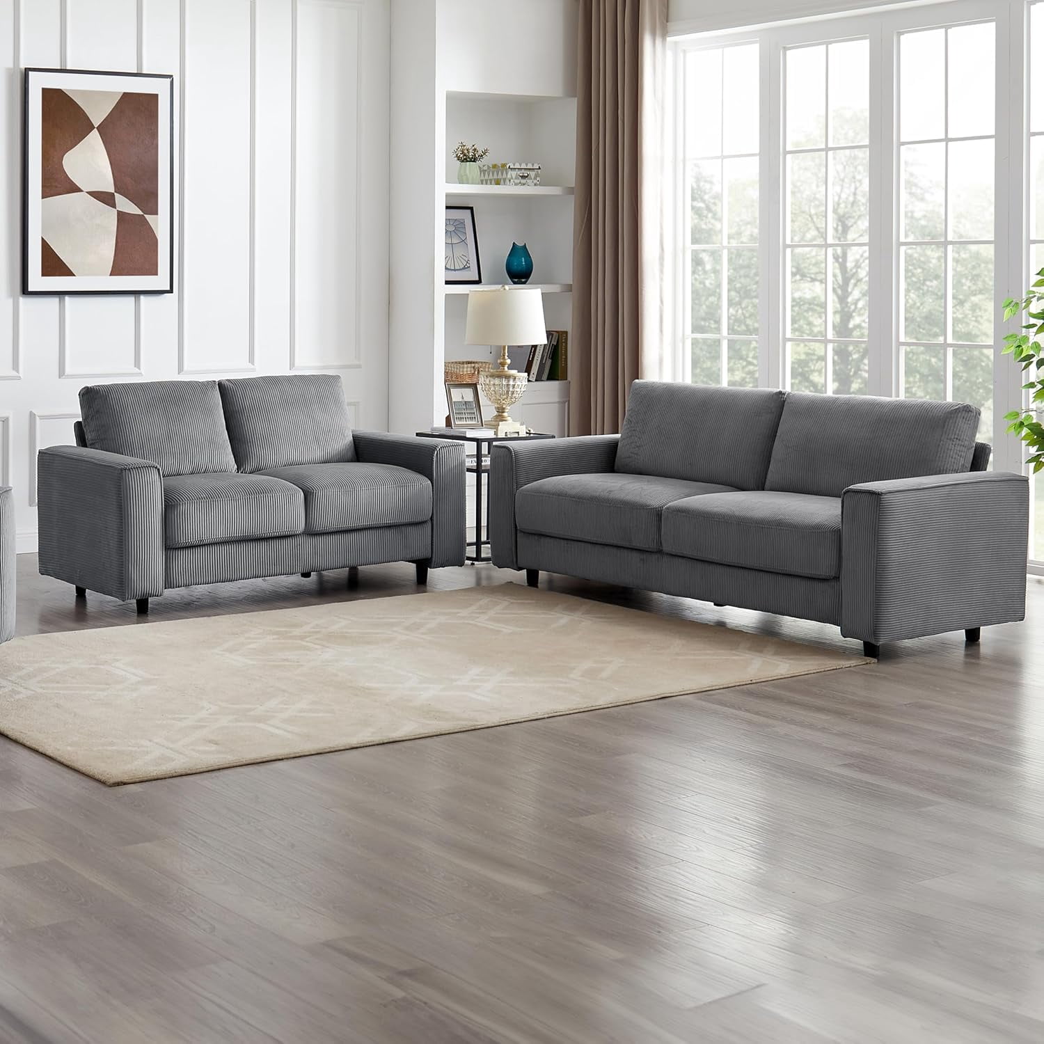 EPOWP 2-Piece Sleeper Sofa & Loveseat Set, 5-Seat Modern Corduroy Couches for Living Room, Tufted Plush Upholstery, High-Density Foam, Black Support Legs, Solid Wood Frame, Grey