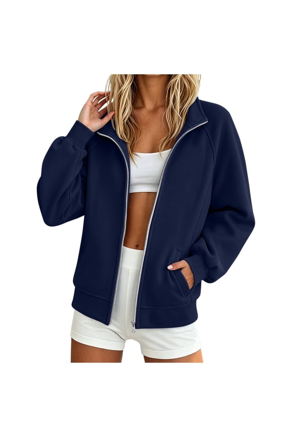 Oversized Coat Women Solid Color Stand Collar Zip-Up Long Sleeve Raglan Sleeve Sweatshirt Jacket Casual Outerwear S