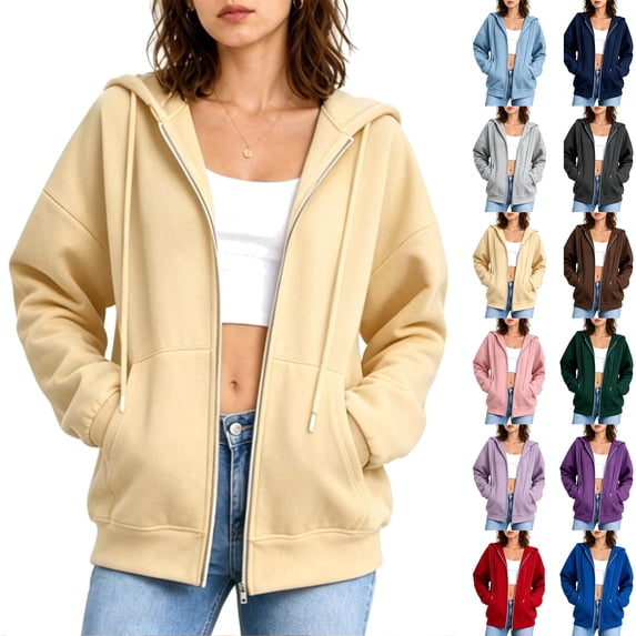 Oversized Coat Women Zip Up Hoodie Oversized Long Sleeve Drawstring Hooded Sweatshirt Jacket with Pockets M