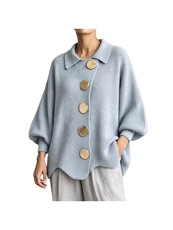 Oversized Collared Knit Cardigan Sweaters with Large Metal Buttons, for Casual Fall Winter