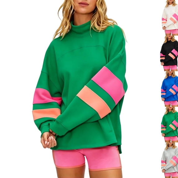 Oversized Color Block Sweatshirts for Womens Mock Neck Pullover Tops Long Sleeve Side Slits Drop Shoulder Shirt with Pockets Green 3XL