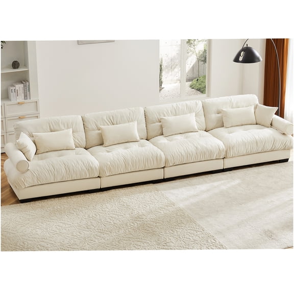 Oversized Convertible Sectional Sofa with Movable Ottoman, Plush Velvet Cloud Couch, Cream