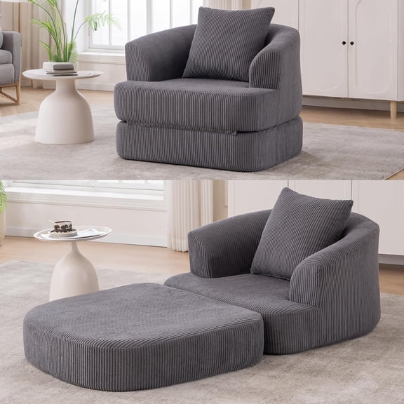 Oversized Convertible Sleeper Chair, Convertible Couch Bed with Backrest and Pillow, Corduroy Oversized Armchair for Adults, Comfy Sleeper Chair Bed for Living Room, Bedroom, Home Office, Grey