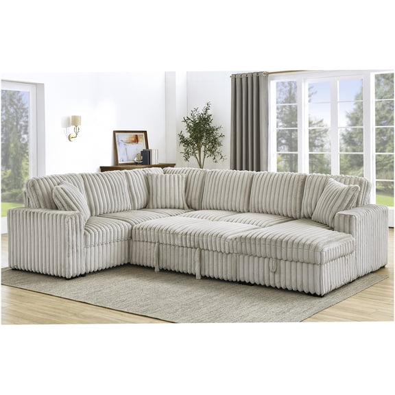 Oversized Convertible Sleeper Sofa with Storage Chaise and USB Ports, Khaki Upholstered Sectional Couch
