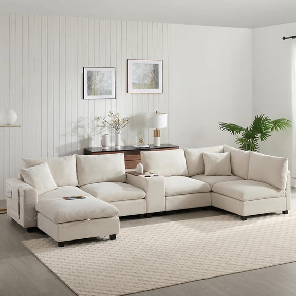 Oversized Convertible U/L Shaped Modular Sectional Sofa Couch with Storage Ottoman for Living Room Extra Wide Deep Seat Fluffy Chenille Cloud Couch w/Console, Removable Pockets, Cupholder, USB Ports