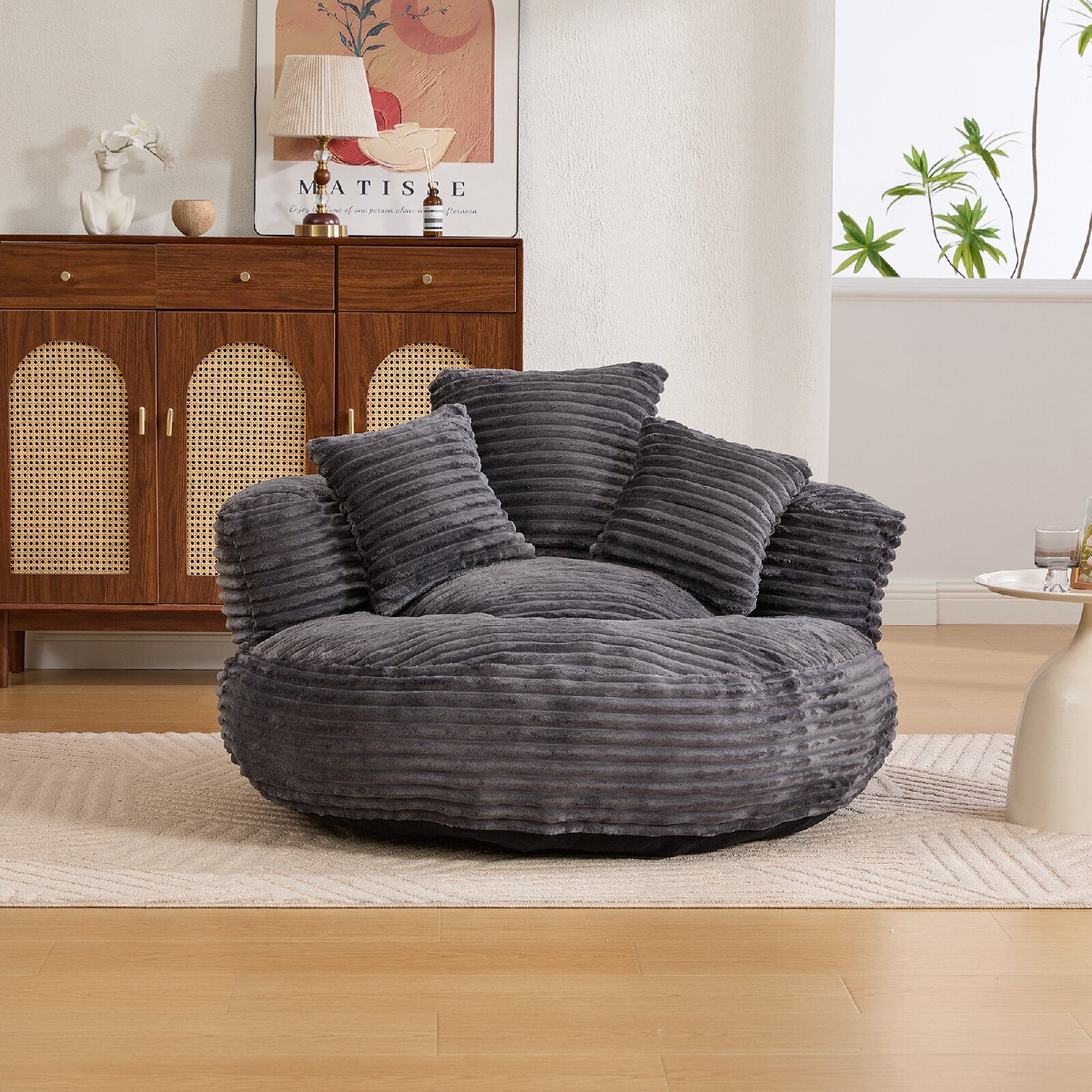 Oversized Corduroy Bean Bag Chair with 3 Pillows and Armrest, Corduroy Bean Bag Chairs Floor Lazy Couch Sofa with Foam Filler for Gaming, Reading ,Adults, Bedroom,  Living Room Dorm, Dark Gray