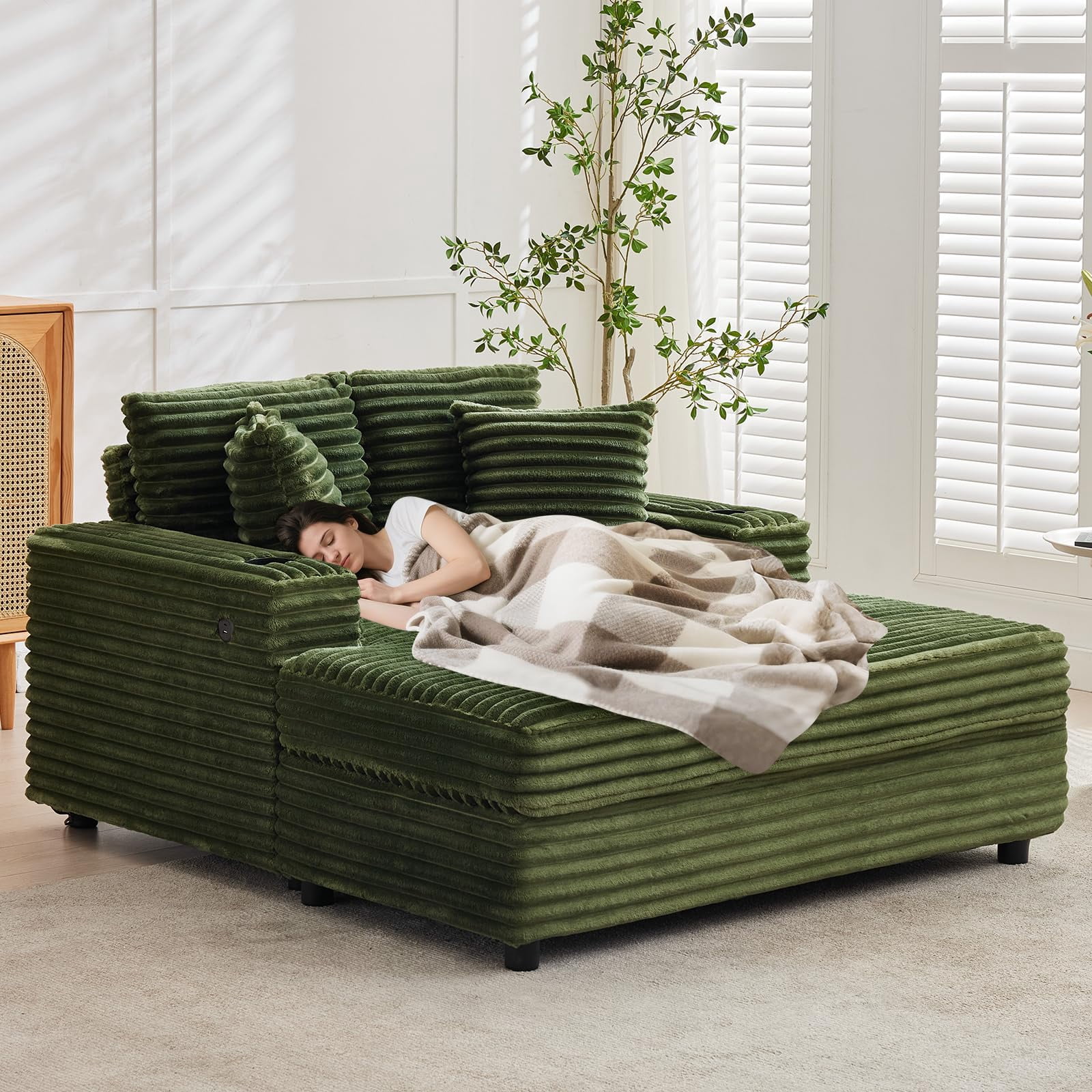 Oversized Corduroy Chaise Lounge Chair with Cup Holder & USB Charging Port, 54" Wide Plush Sofa with High-Density Foam & Supportive Springs for Living Room