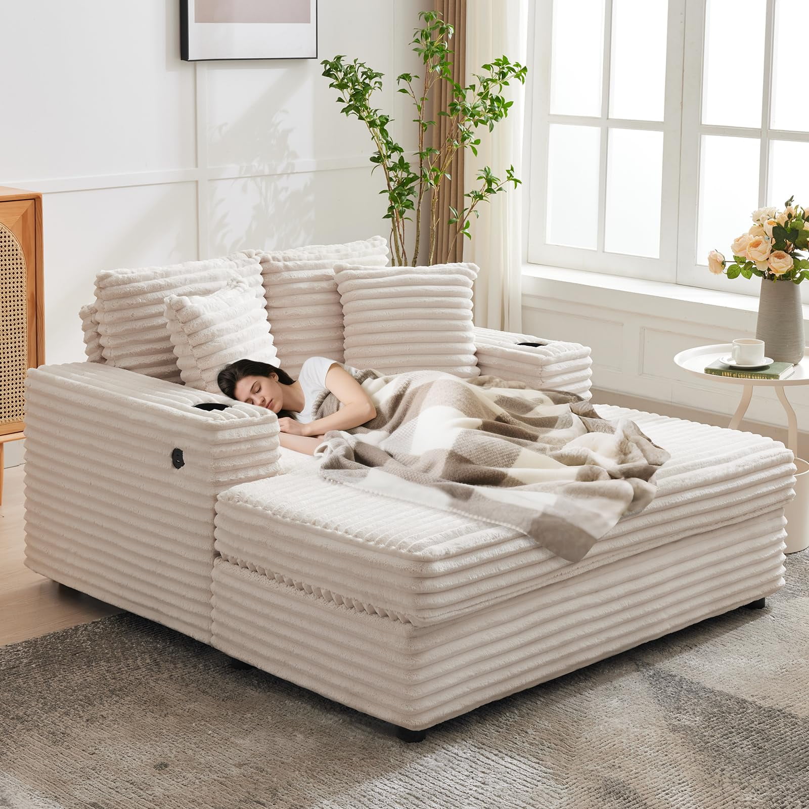 Oversized Corduroy Chaise Lounge Chair with Cup Holder & USB Charging Port, 54" Wide Plush Sofa with High-Density Foam & Supportive Springs for Living Room