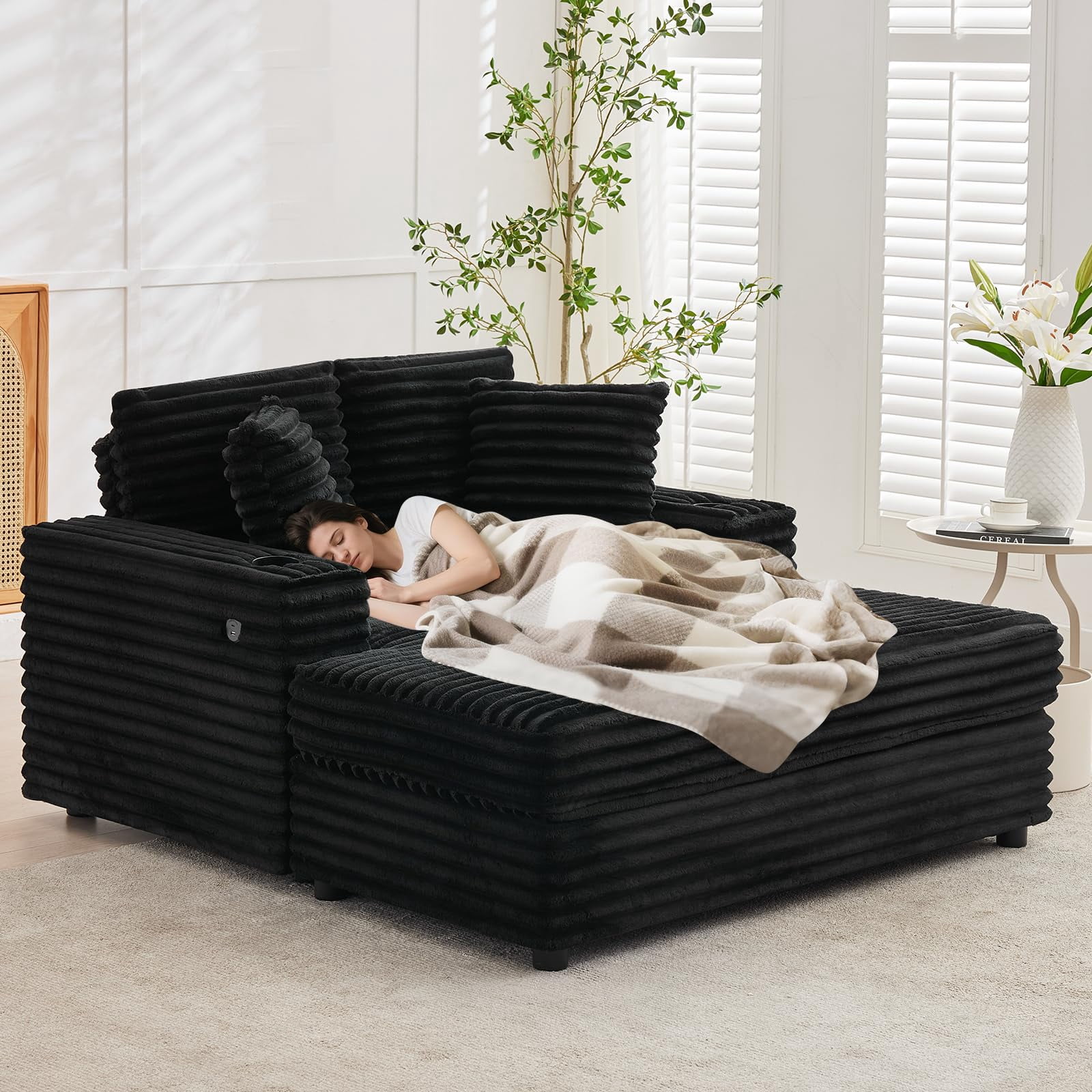 Oversized Corduroy Chaise Lounge Chair with Cup Holder & USB Charging Port, 54" Wide Plush Sofa with High-Density Foam & Supportive Springs for Living Room