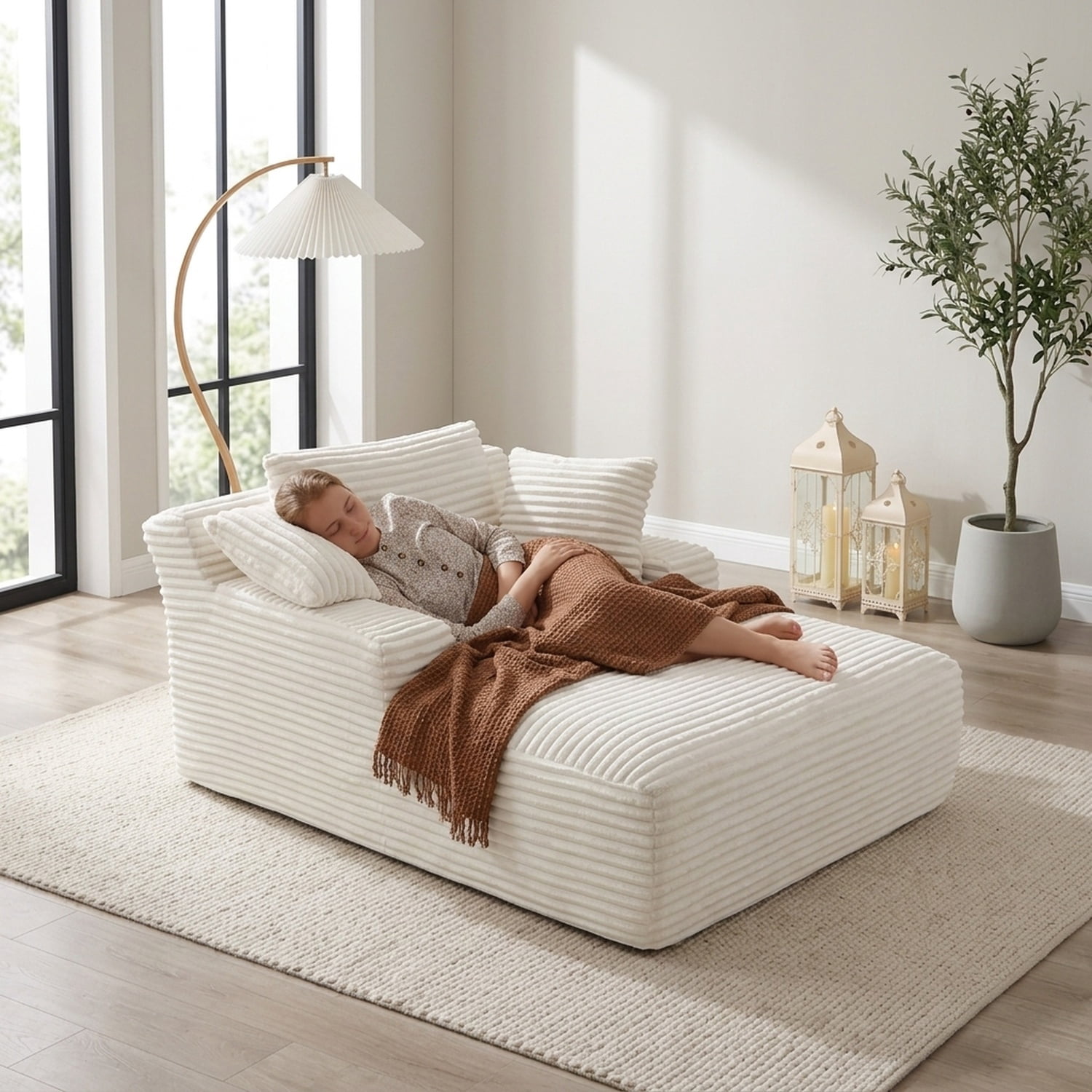 Oversized Corduroy Chaise Lounge Chair - Modern White Upholstered Sofa