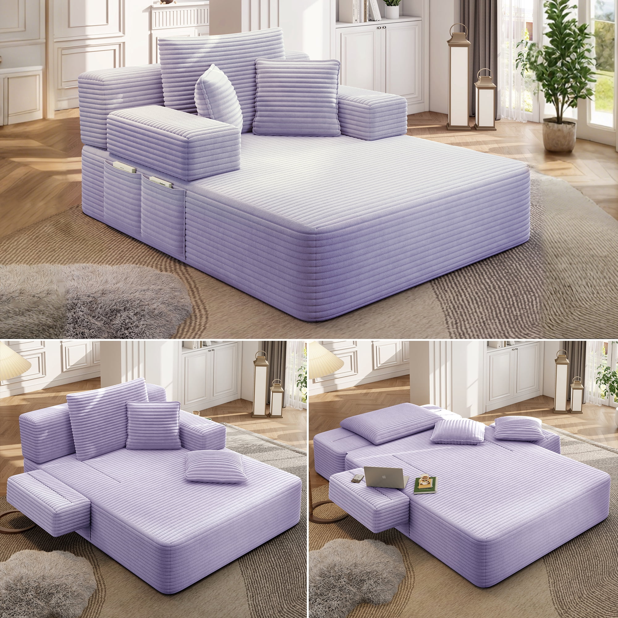 Oversized Corduroy Chaise Lounge Sleeper Sofa Bed, Convertible