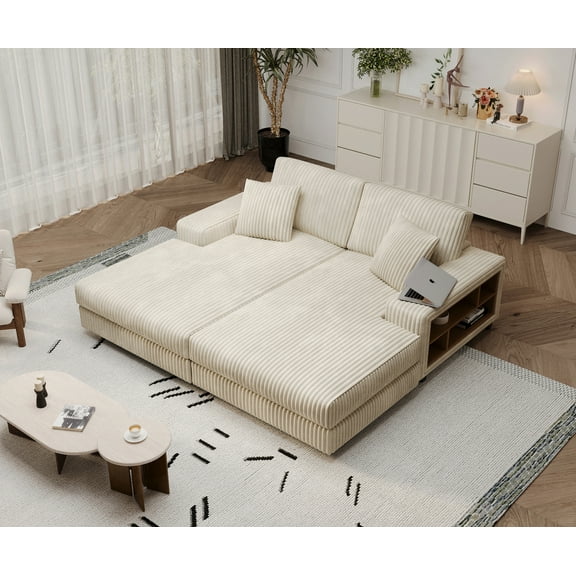 Oversized Corduroy Fabric Combination Sofa with Armrests, 2 Seater Fluffy Modern Sleeper Sofa Chair with Side Storage Shelf, Combination Living Room Double Lounge Chair, Beige