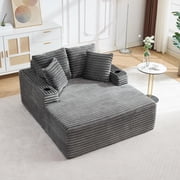 Oversized Corduroy Fabric Frameless Sofa Bed, Deep Seat Cloud Chaise Lounge with Cup Holders and Throw Pillows, Supports up to 300 Lbs, No Assembly Required ,Gray