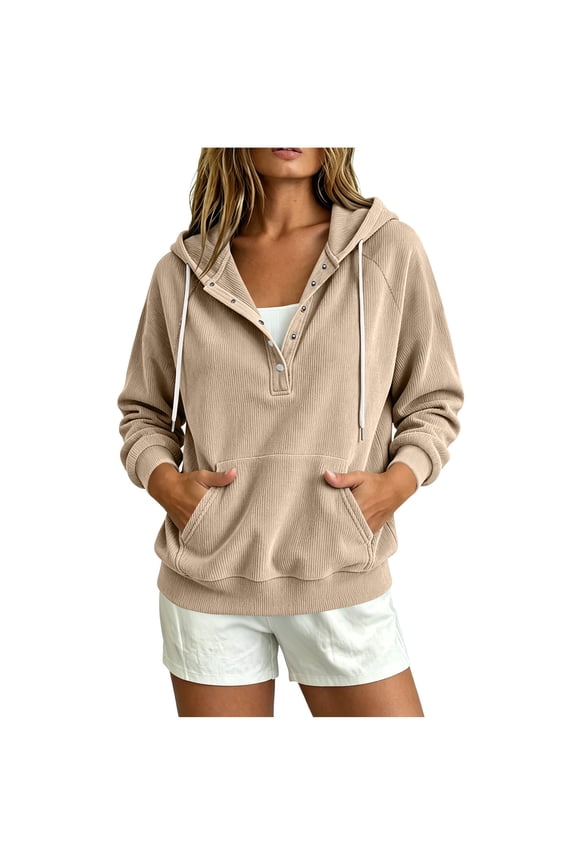 Oversized Corduroy Hooded Jackets For Women Henley Neck Long Sleeve Hooded Shirts Fall Casual Loose Pullover Tops With Drawstring