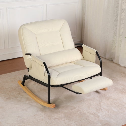 Oversized Corduroy Nursery Glider Rocker Recliner, Pull-Out Footrest, Adjustable Backrest, Beige