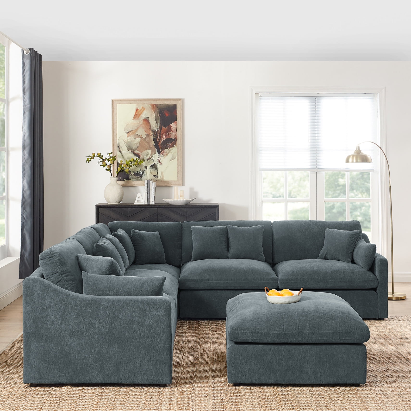 Oversized Corner Sofa with Ottoman and 10 Pillows L Shaped Modular Sectional Sofa Set with Detachable Down Filled Seat Cushion 6 Seats Modular Sofa