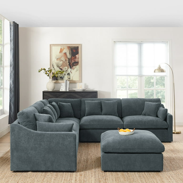 Oversized Corner Sofa with Ottoman and 10 Pillows L Shaped Modular Sectional Sofa Set with Detachable Down Filled Seat Cushion 6 Seats Modular Sofa