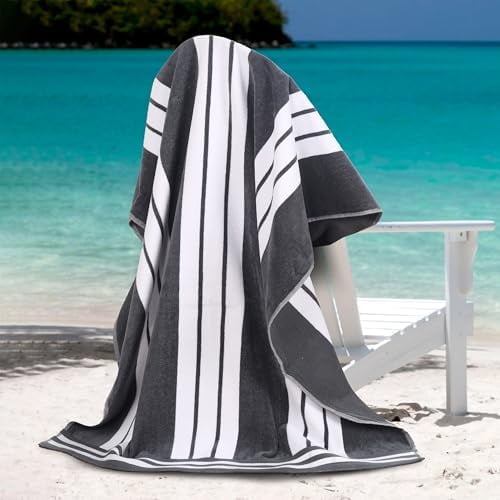 Oversized Cotton Beach Towel Set of 2, Absorbent Towels For Bathroom, Beach, Pool, Swim, Adults, Kids, Vacation, Travel, Bath Sheet, Quick Dry Basics, Trip Essentials, Striped Decor, Charcoal