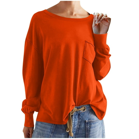 Oversized Cotton Crewneck Sweatshirts Pocket Drop Shoulder Long Sleeve Tops Womens Lightweight Casual Pullovers (S, Orange)