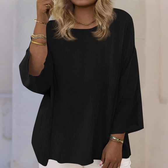 Oversized Cotton Gauze Shirts for Women Round Neck 3/4 Sleeve Tops Summer Casual Loose Beach Vacation Tees