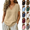 thumbnail image 1 of Oversized Cotton Linen Shirts for Women V Neck Blouses Short Sleeve Loose Curved Hem Basic Soft Lightweight Tops, #03 Khaki, XXL, 1 of 6