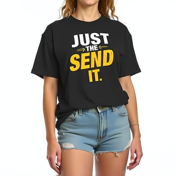 Oversized Cotton Short Sleeve T-Shirt with Bold 'JUST THE SEND IT' Graphic in White & Yellow - Casual Everyday Wear