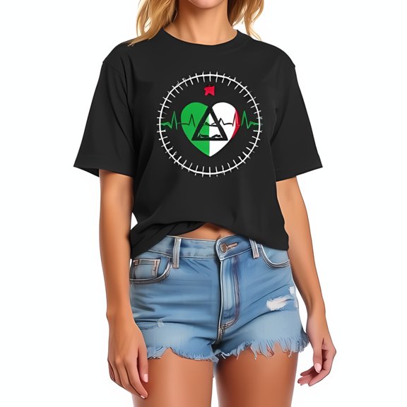 Oversized Cotton Short Sleeve T-Shirt with Italian Flag Heart & Rose Graphic - Casual Summer Style