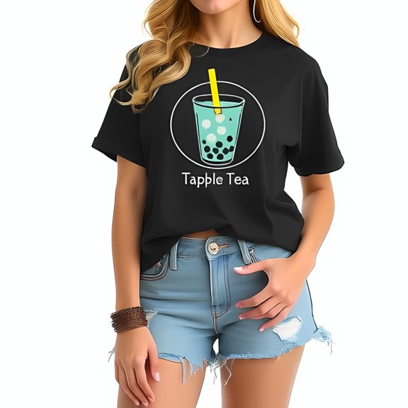 Oversized Cotton Short Sleeve T-Shirt with Teal Bubble Tea Graphic & 'Tapple Tea' Print - Casual Cropped Tee for Everyday Wear