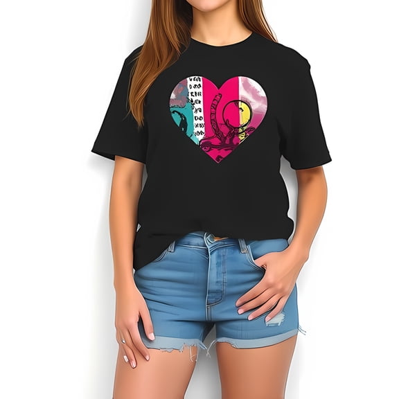 Oversized Cotton Short Sleeve T-Shirt with Vibrant Multicolored Heart Graphic - Trendy Casual Style