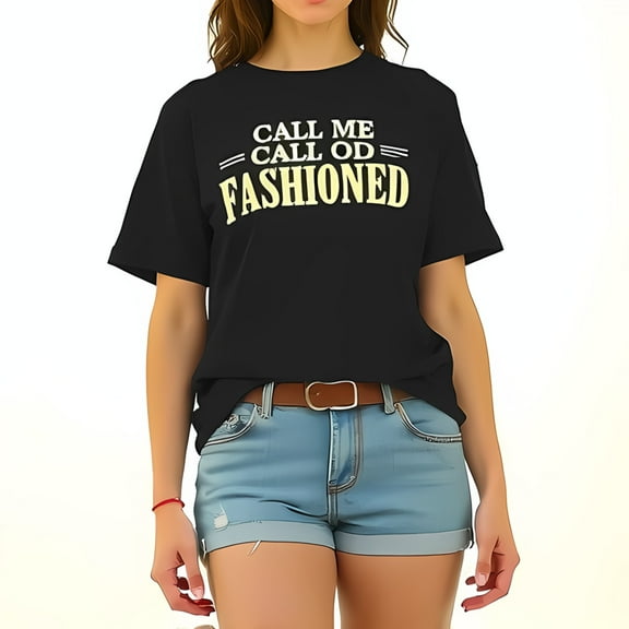 Oversized Cotton Short Sleeve T-Shirt with Vintage 'Call Me Call Od Fashioned' Graphic Design - Casual Relaxed Fit