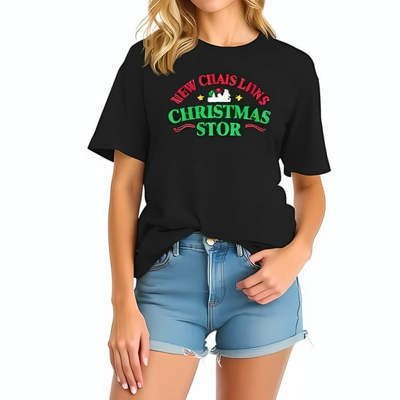 Oversized Cotton Short Sleeve T-Shirt with Whimsical 'New Claus Store' Design & Santa's Sleigh Graphic