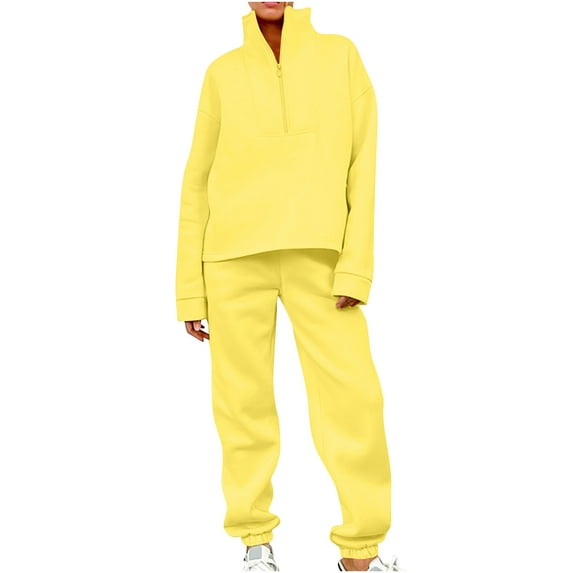 Oversized Cotton Sweatsuits Tracksuits Two Piece Womens Lounge Outfits 1/2 Zip Sweatshirt Cinch Bottom Sweatpant Sets (XL, Yellow)