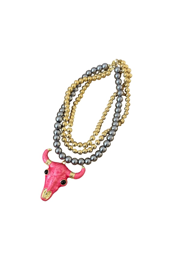 Oversized Cow Head Charm Necklace With Colorful Beadwork Unique Gothic Jewelry Design