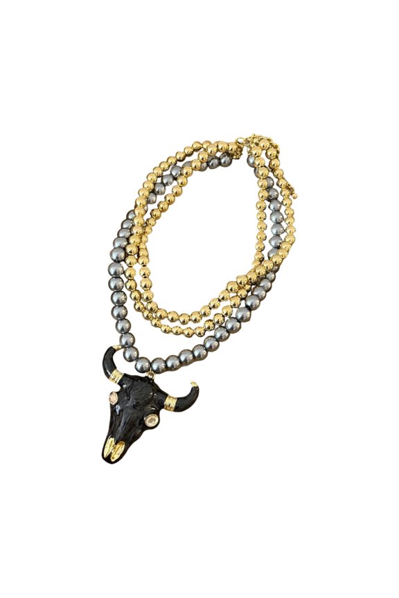 Oversized Cow Head Charm Necklace With Colorful Beadwork Unique Gothic Jewelry Design