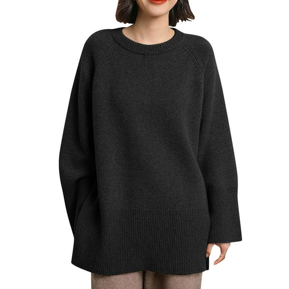 Oversized Crew Neck Pullover Sweaters for Women Lounge Trendy Solid Color Ribbed Long Regan Sleeve Sweatshirts Out Work Fall Split Hem Sweater