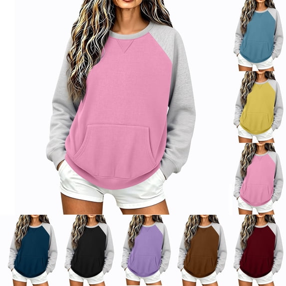 Oversized Crew Neck Sweatshirt for Women Long Sleeve Loose Casual Basic Tops with Front Kangaroo Pocket for Daily Outfit Match