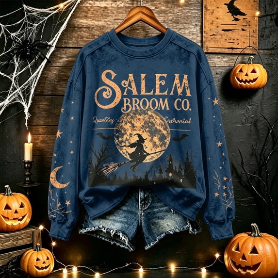 Oversized Crew Neck Sweatshirts for Women Halloween Witch Moon Graphic Long Sleeve Pullover Casual Fall Tops Blue L