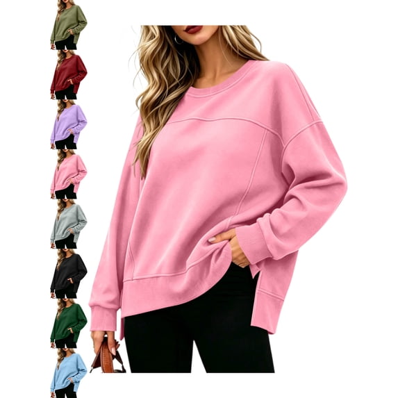 Oversized Crewneck Sweatshirt for Women Long Sleeve Side Slit Loose Pullover Casual Fall Winter Tops