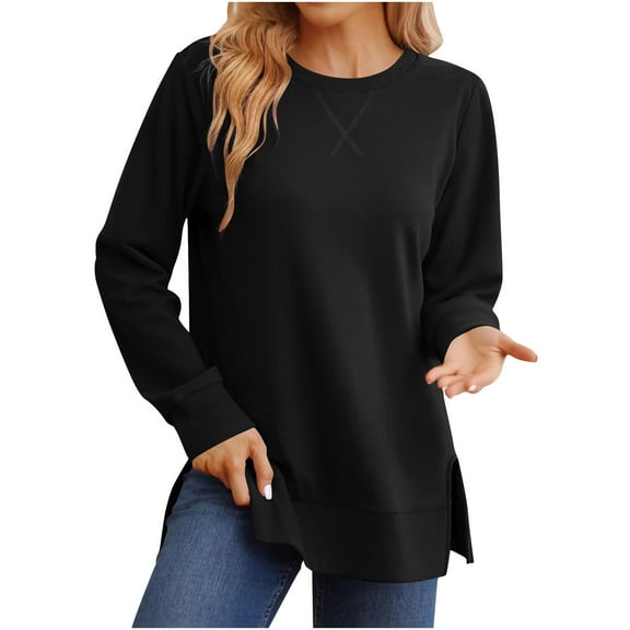 Oversized Crewneck Sweatshirts for Women Fall Long Sleeve Shirts Lightweight Casual Side Split Pullover Tops