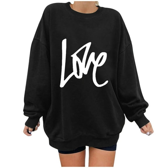 Oversized Crewneck Womens Sweatshirts, Fashion Love Letter Print Loose Valentines Day Gift Dropped Pullover Sweater (Small, Black)