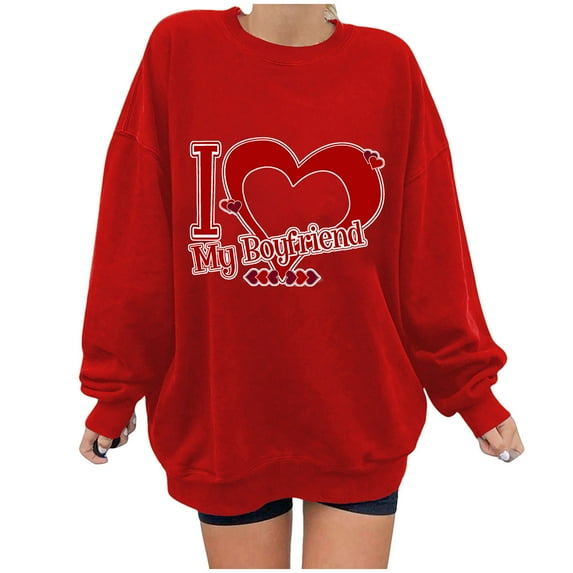 Oversized Crewneck Womens Sweatshirts, Fashion Love Letter Print Loose Valentines Day Gift Dropped Pullover Sweater (X-Large, Red 05)