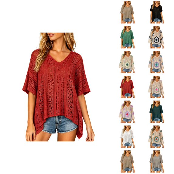 Oversized Crochet Crop Tops for Women Summer Tank Tops Hollow Out Beach Cover Ups V Neck 3/4 Sleeve Pullover Sweater Shirts