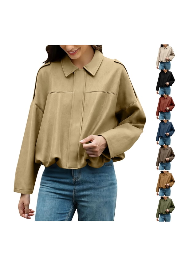 Oversized Cropped Faux Suede Jacket Lapel Coat Zip Up Outerwear Women's Casual Fall Fashion Coats | CSEONE,Red L